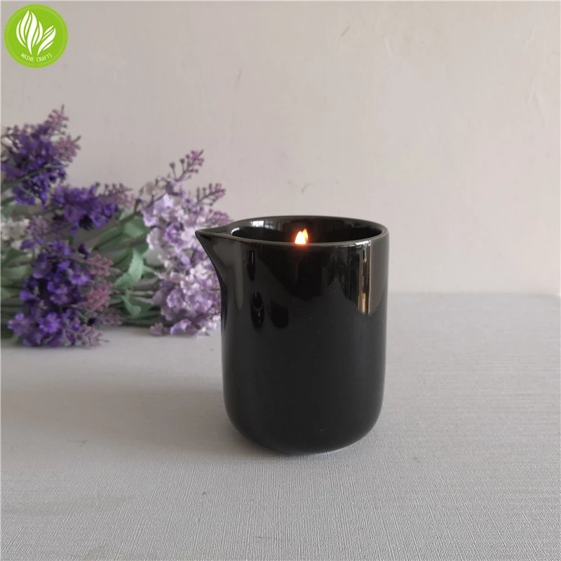 Fashion Style Glossy Black Ceramic Massage Candle Vessel Candle Jar with Spout