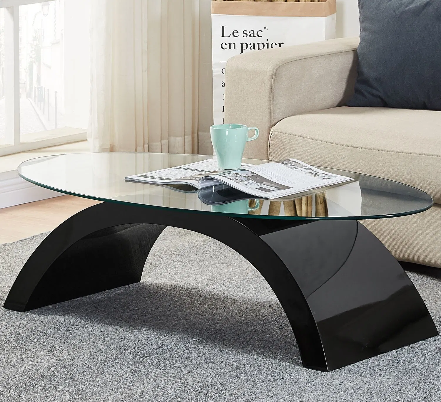 Mesa de café moderna de media luna blanca de MDF con vidrio redondo para sala de estar, juego de muebles para el hogar