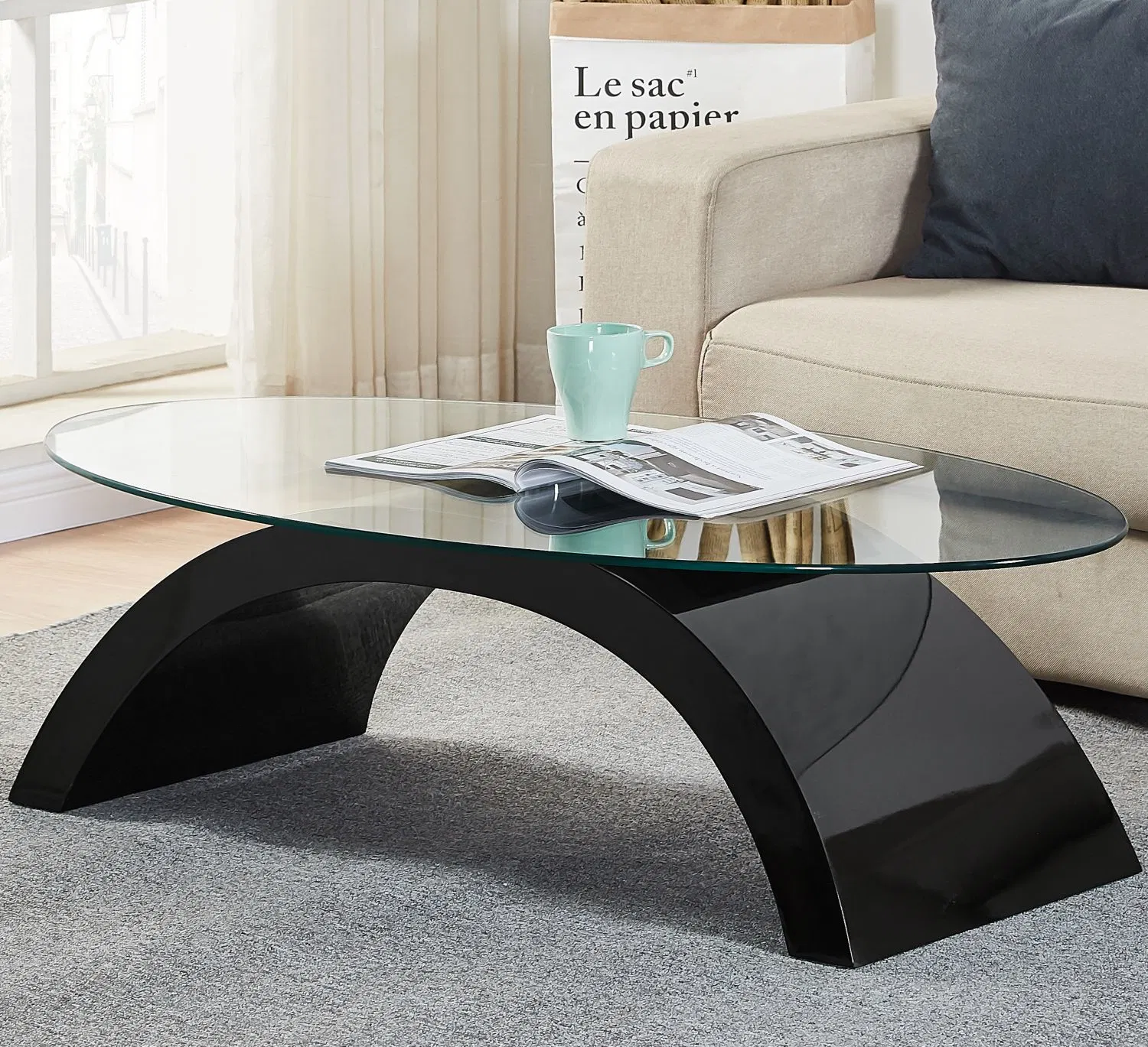 White Half Moon MDF Coffee Table Modern with Round Glass for Living Room Set Home Furniture