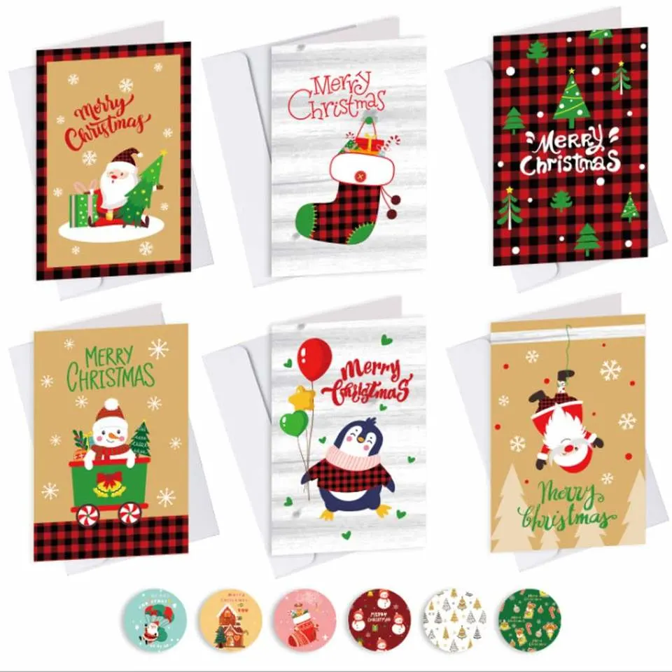 Kraft Paper Greeting Cards Handmade Card with Envelope and Cartoon Stickers for Merry Christmas