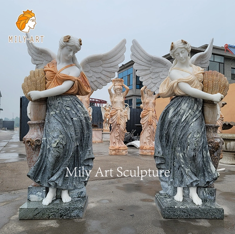 Grandes statues en pierre blanche en marbre Jade Angel Art personnalisées Sculpture avec ailes