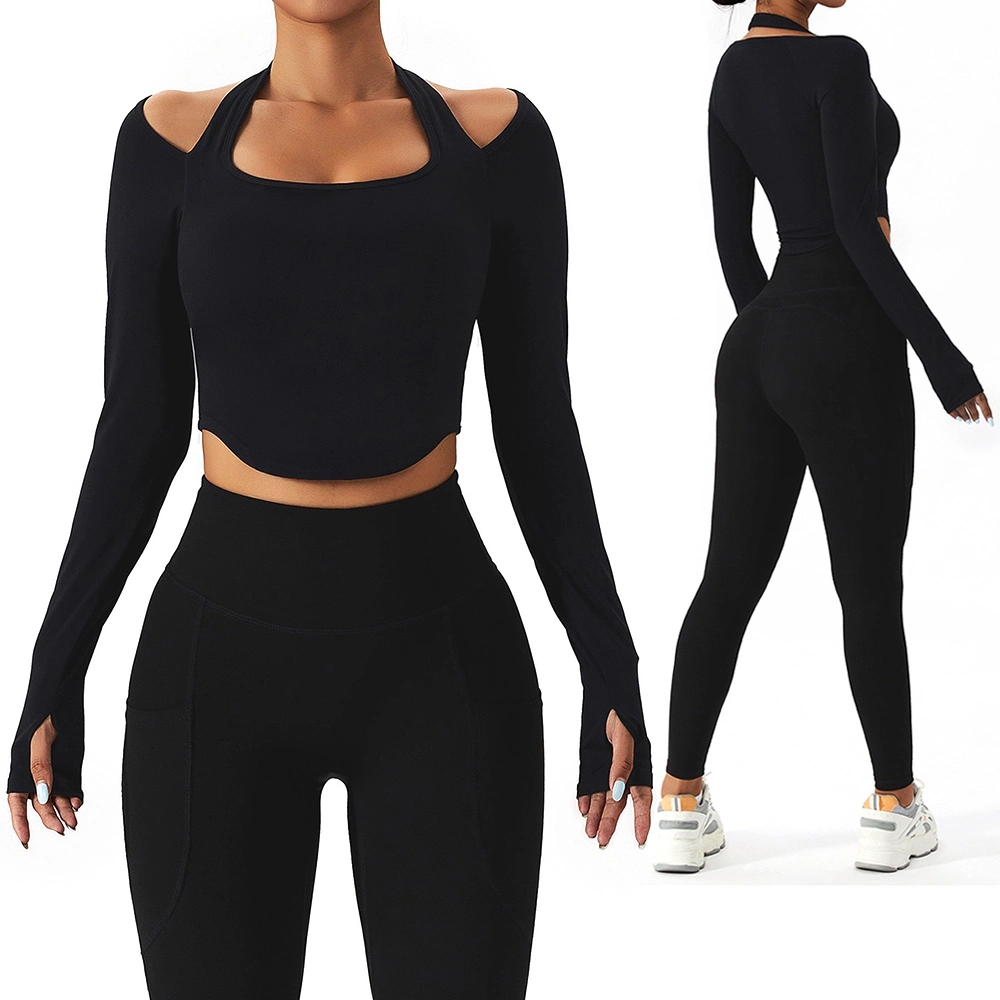 Новый дизайн Sexy Ropa De Yoga Apparel Lulu Style Long Sleeve Halter Neck Тренировка топов со встроенным бюстгальтером, спортивным спортивным топом повседневная одежда для бега для женщин