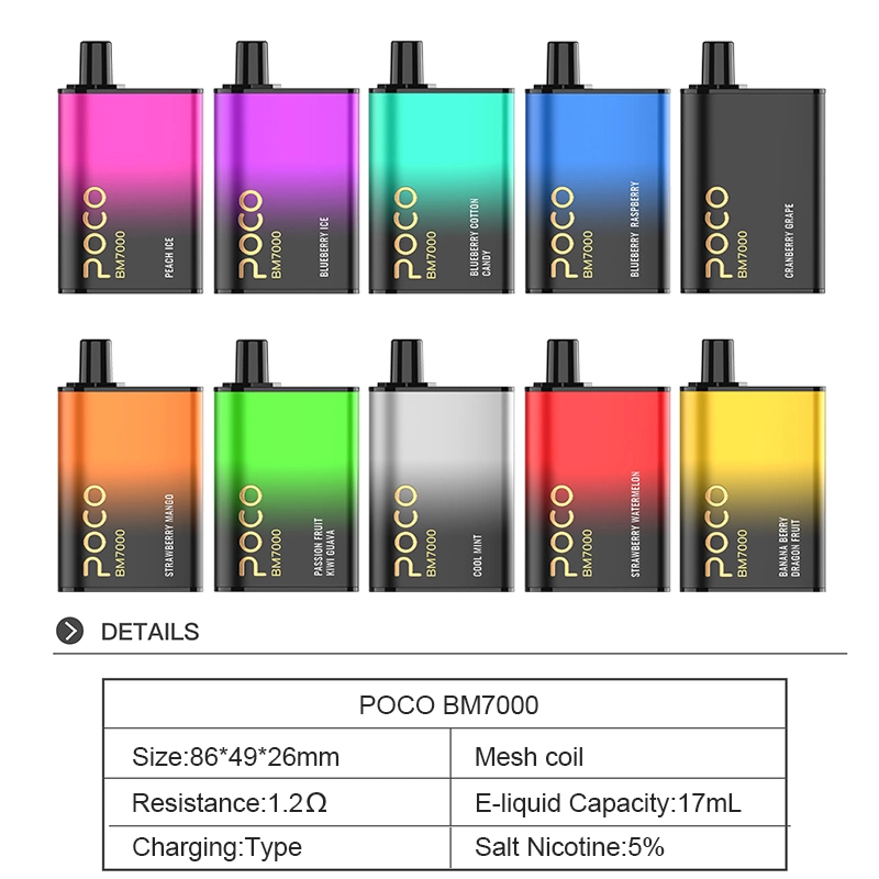 Poco Bm7000 cigarette électronique jetable Vape Pen rechargeable 7000 bouffées Mesh Coil 17ml 10 Flavors Device plus récent stylo vapeur