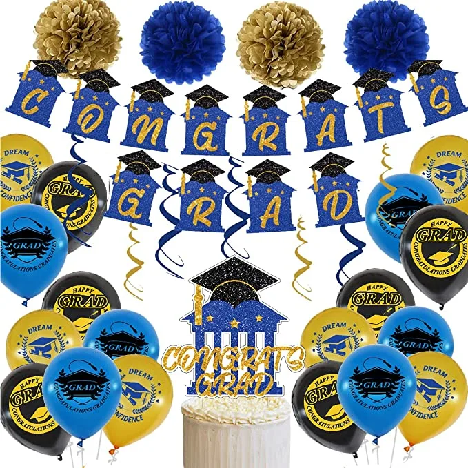 Golden and Blue Graduation Party Decorations Handmade Paper Banner Paper Pompoms Latex Balloon Sets