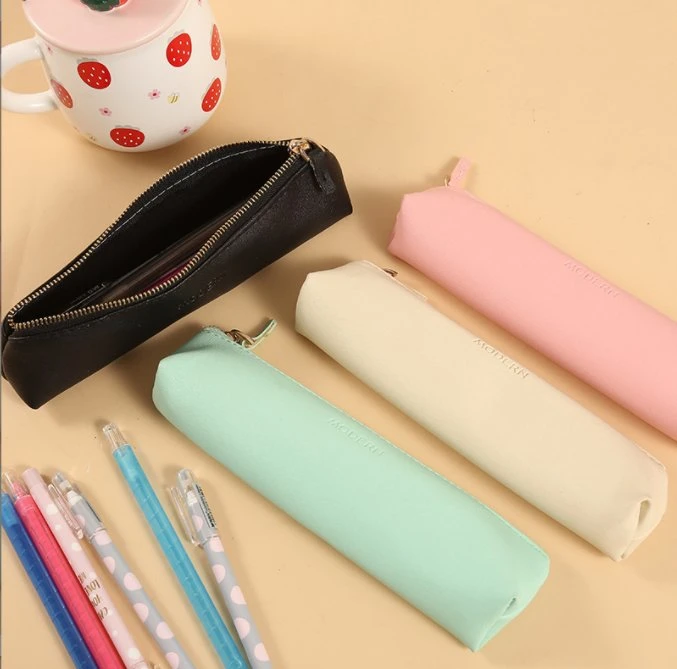 Plain Color PU Student Pencil Case Zipper Stationery Pouch Pen Bags