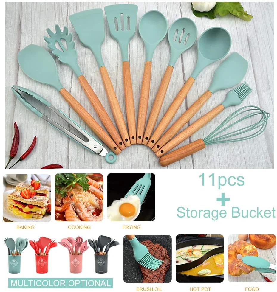 12 STÜCK wiederverwendbare Silikon Kochen Edelstahl Camping Küche Utensil