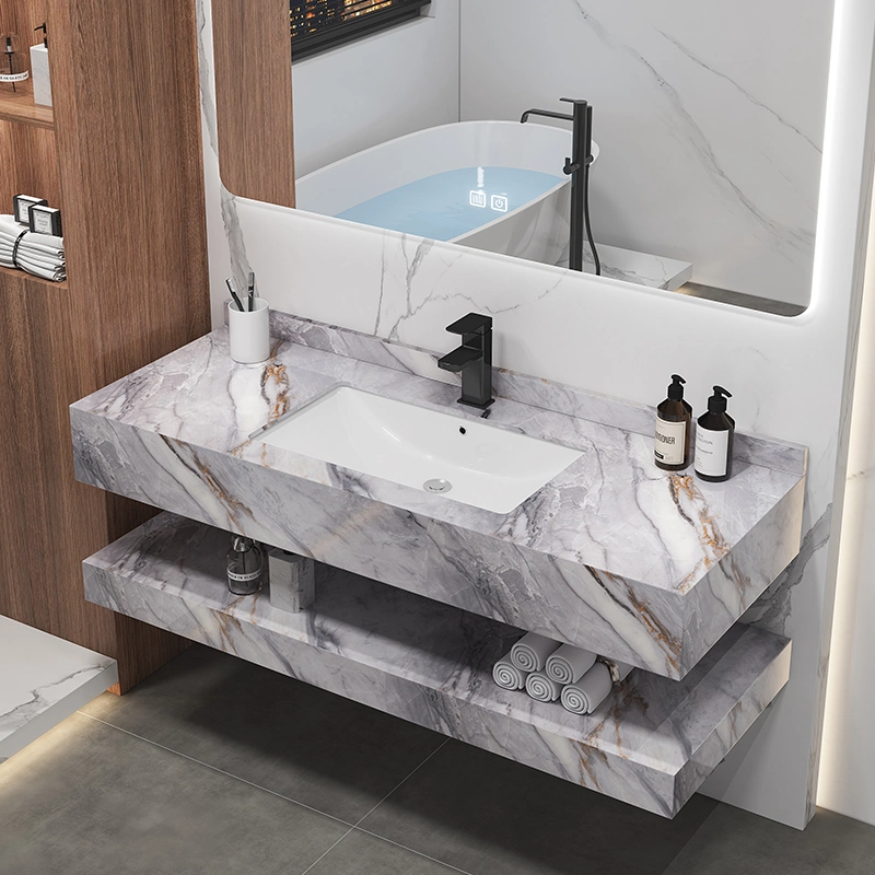 Modern Wall Mount Marble Bathroom Vanities Ceramic Wash Basin Cabinet with Mirror