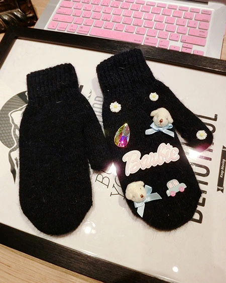 Winter Women Double Layer Rabbit Wool Daisy Flowers Bear Head Stylish Cute Cartoon Students Warm Gloves