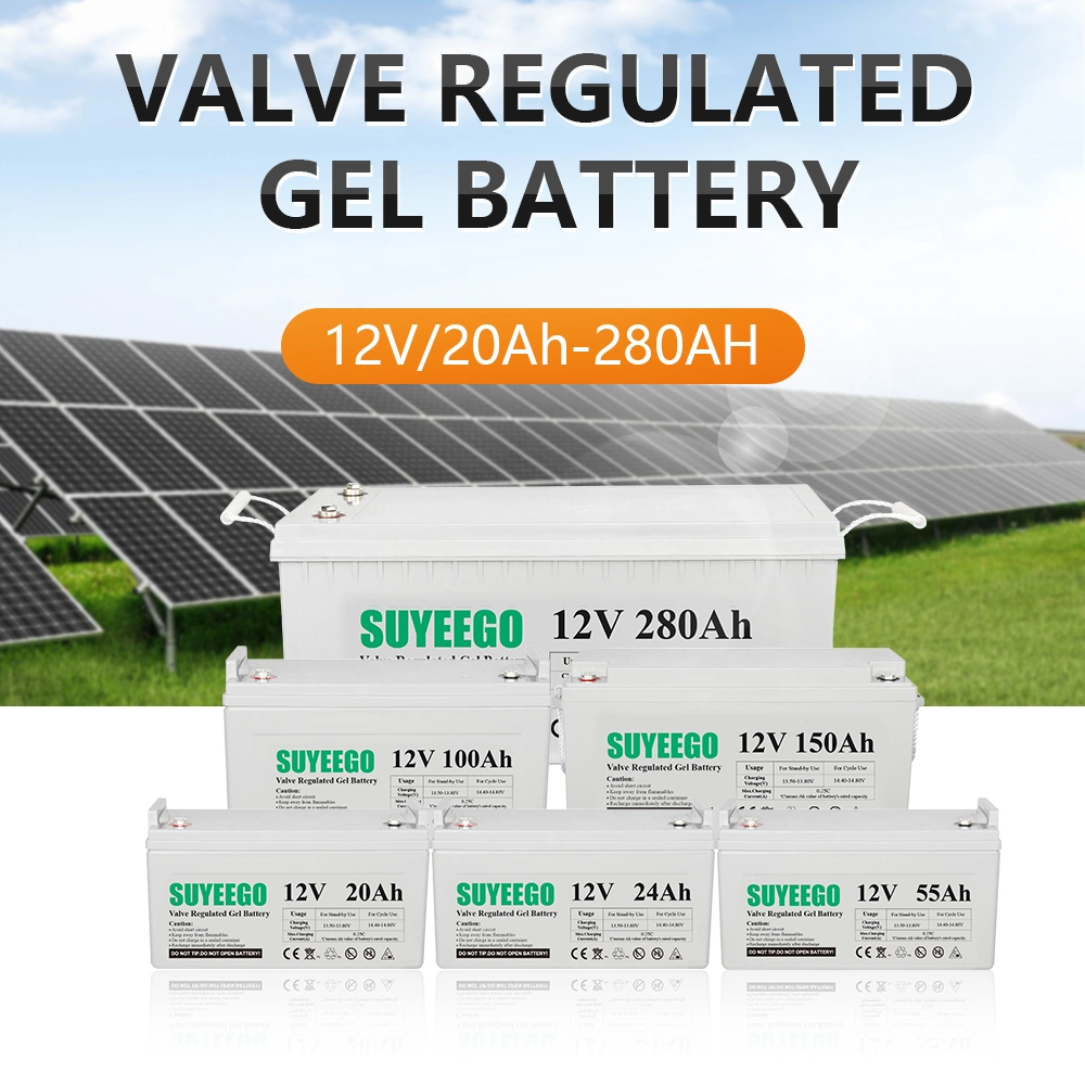 Bateria de gel de ciclo profundo Suyeego, 12 V, 200 a, 100 a 150 a 250 Sistema de energia de armazenamento solar de volta para Home Car Farm Utilização do sistema solar