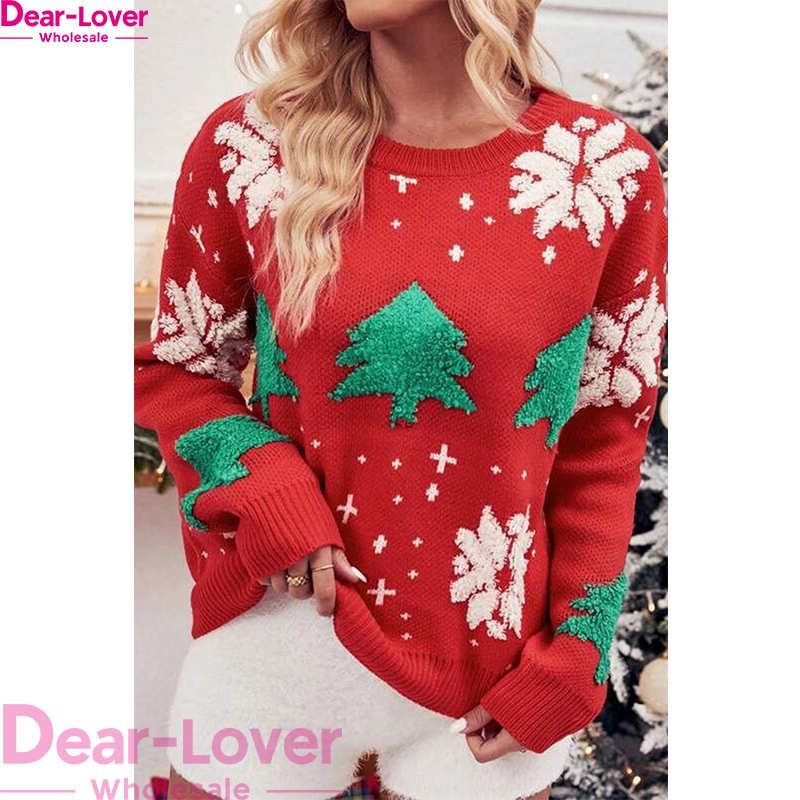 Dear-Lover Christmas Tree Snowflake Jacquard Women Ugly Christmas Sweater