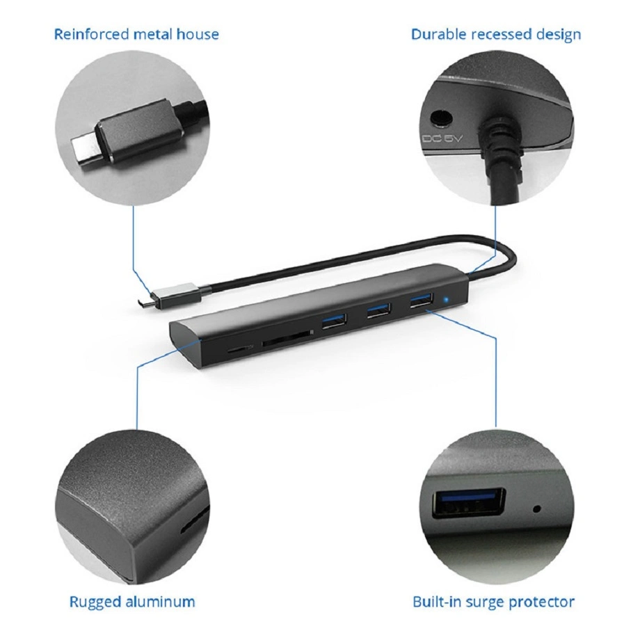 Type C Gen1 USB3.0 to 3-Port Aluminum Hub Card Reader DC Port