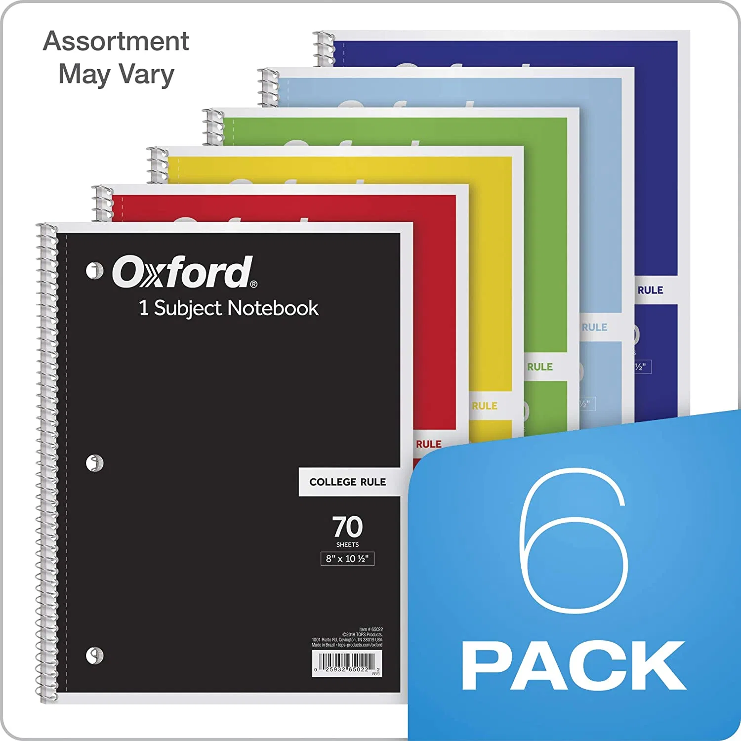 Lot de 6 carnets de notes Oxford à reliure spirale A4 en gros, 1 sujet, papier réglé par l'université, assortiment de couleurs pouvant varier