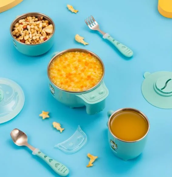 Baby comida complementaria Bowls taza cuchara y horquilla Titanio puro Juego de vajilla para niños