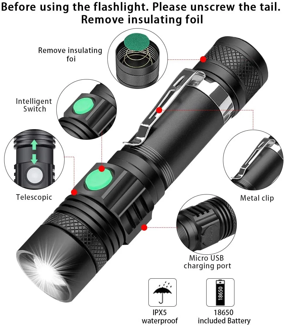 Multifunctional LED Flashlight UV Light/White Light/Red Light 7 Switch Modes Flashlights Waterproof 3 in 1 Torch Zoomable Flashlight for Camping Car Repairing