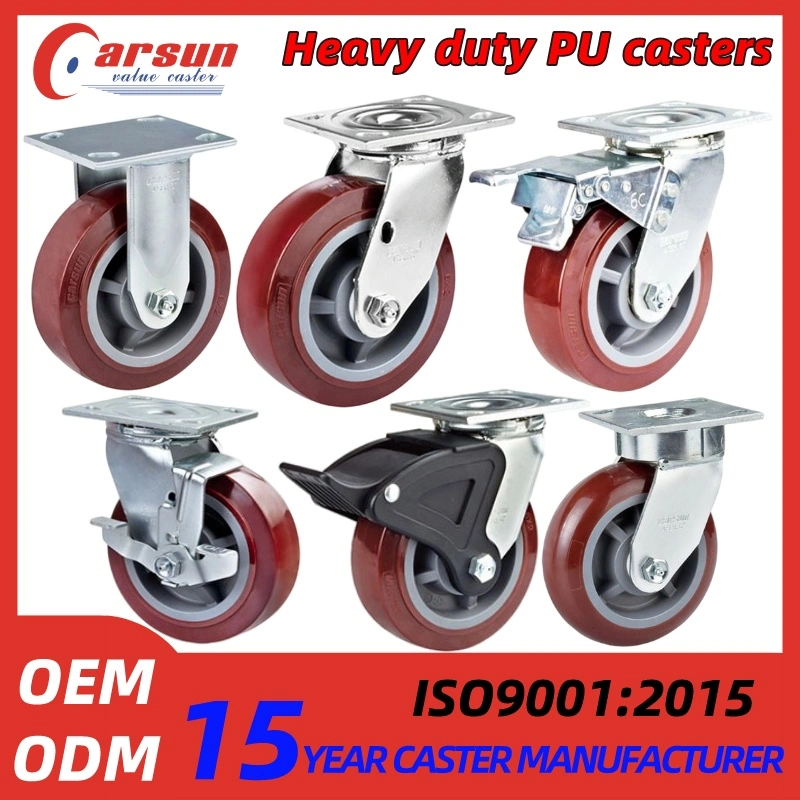 100/125/150/200mm Casters Heavy Duty 4/5/6/8 Inch Caster Swivel PU Industrial Castor Wheel with Metal Brake