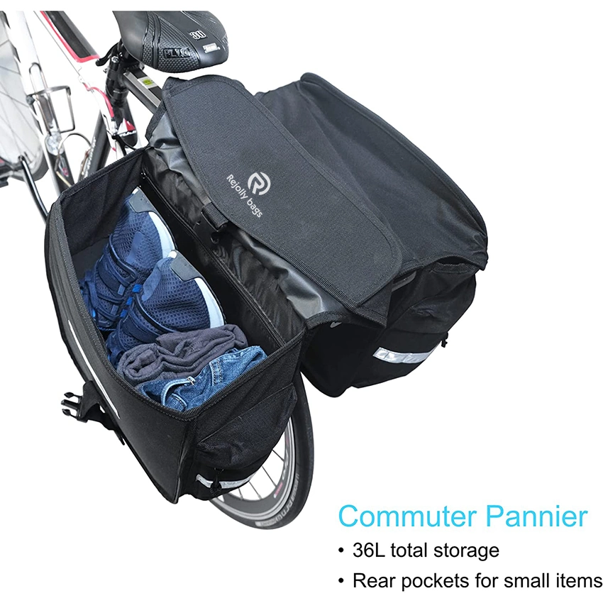 Bolsas de bicicleta de doble frannier 36L Gran capacidad para bicicleta trasera Asa de transporte de cremallera tiras reflectantes de seguridad Bolsa para bicicletas