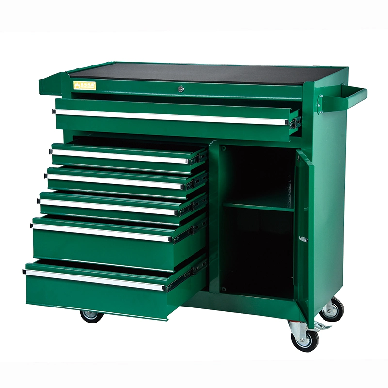 Green Large Capacity 6 Drawers Storage Metal Tool Trolley with Door