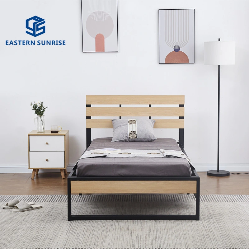 Easy Assemble, Strong Support Bedroom Bed, Double/Queen Size Metal Bed Frame with Wood Legs