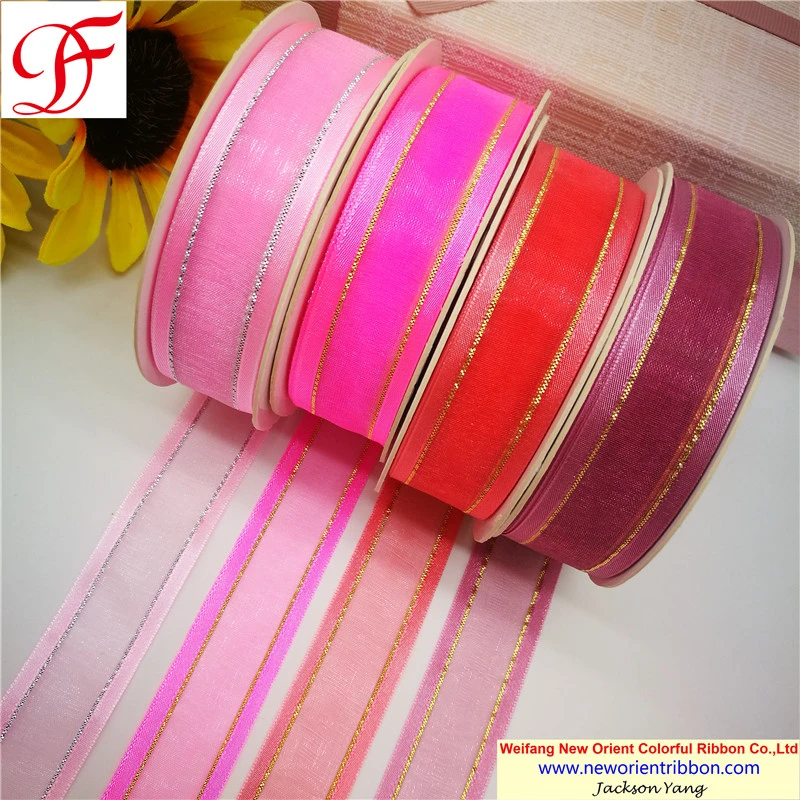 100% Nylon Satin Edge Organza Ribbon with Metallic Trims for Wrapping/Decoration/Xmas/Bows/Garment/Gift/Party Decoration From China Big Factory