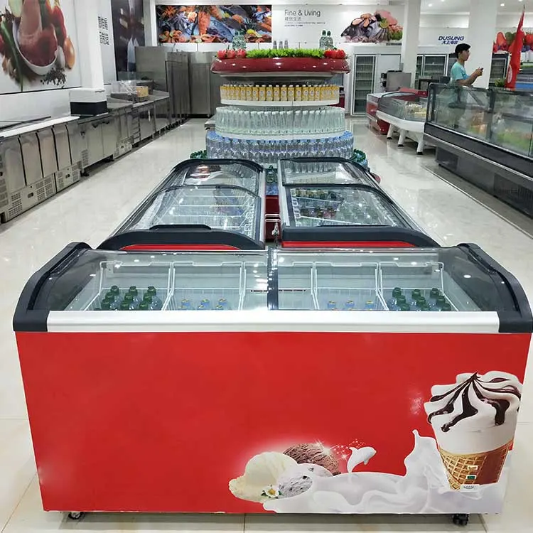 Коммерческие супермаркет холодильник мороженое сдвижной изогнутой стеклянной двери дисплеем поврежден/ морозильный ларь