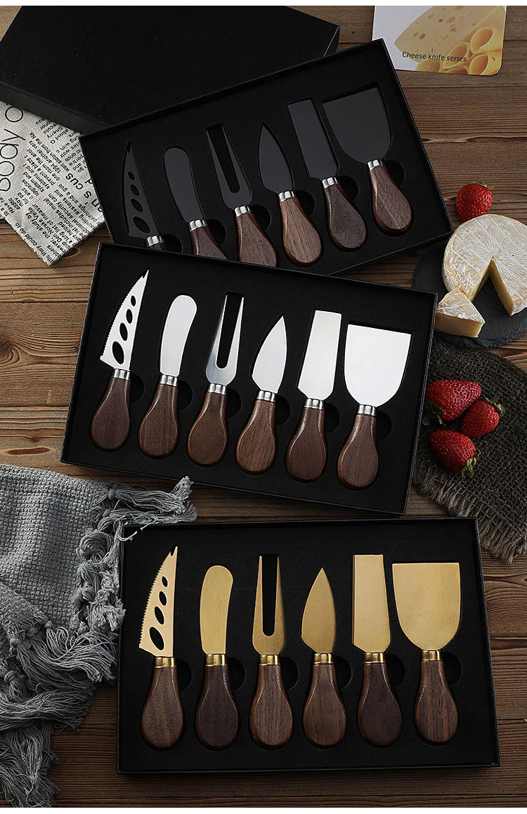 Spatula & Fork Cheese Tool Kit 6 Walnut of Titanium Coating Butter Knife and Cheese Knives Set-Mini