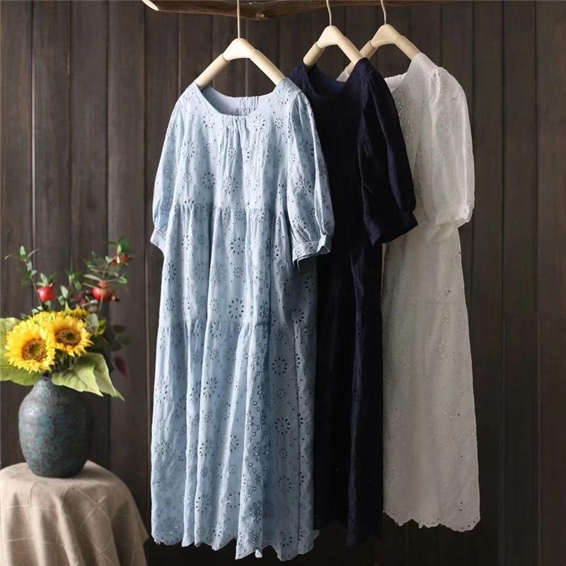 Summer Elegant White Cotton Eyelet Embroidery Women Dresses