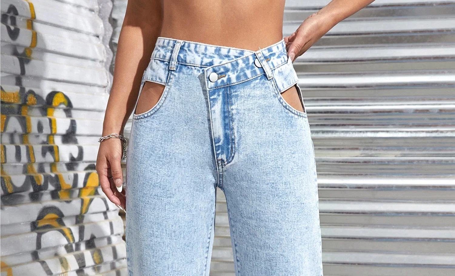 High Waisted Non-Stretch Quality Asymmetrical Waist and Hollow out on Front Pocket Lady OEM&ODM New Fashion Design Denim Jeans