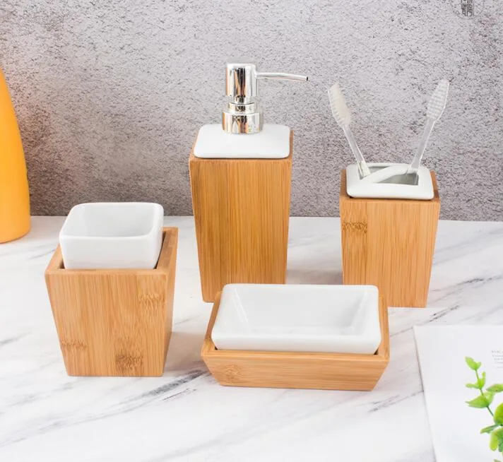 Ceramic 4PCS Bathroom Set with Bamboo Tray