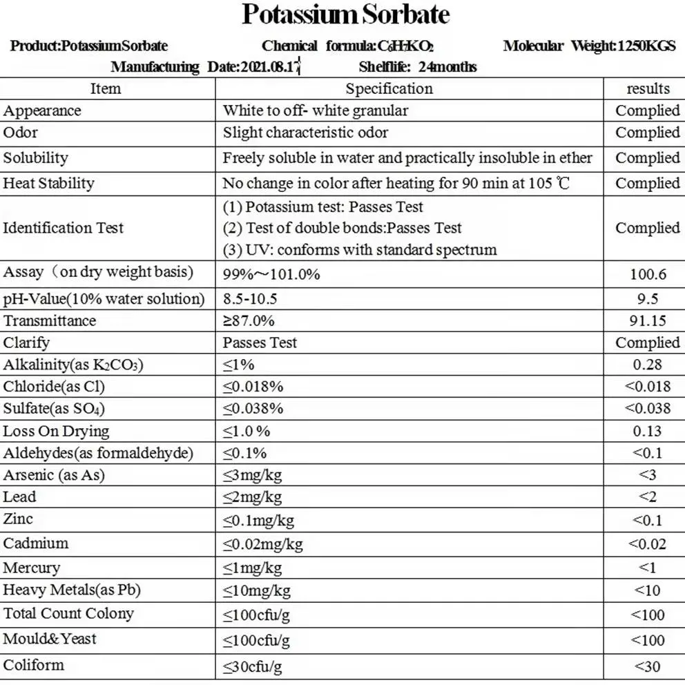 Agent de conservation comme additif alimentaire E202 FCCIV de haute pureté du sorbate de potassium