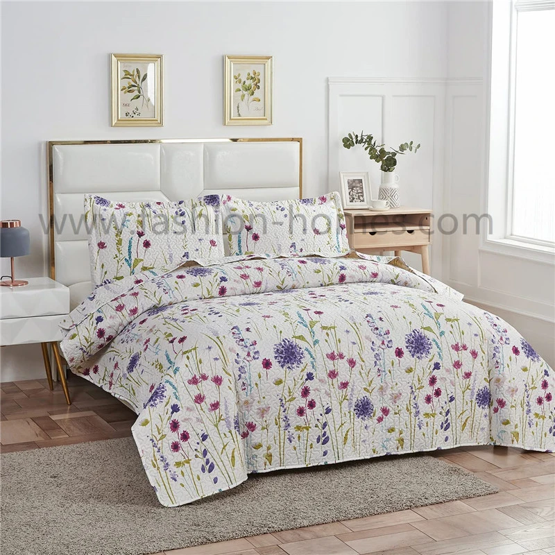 100%Polyester Floral Ultrasonic Printed Pattern Bedspread and Quilt