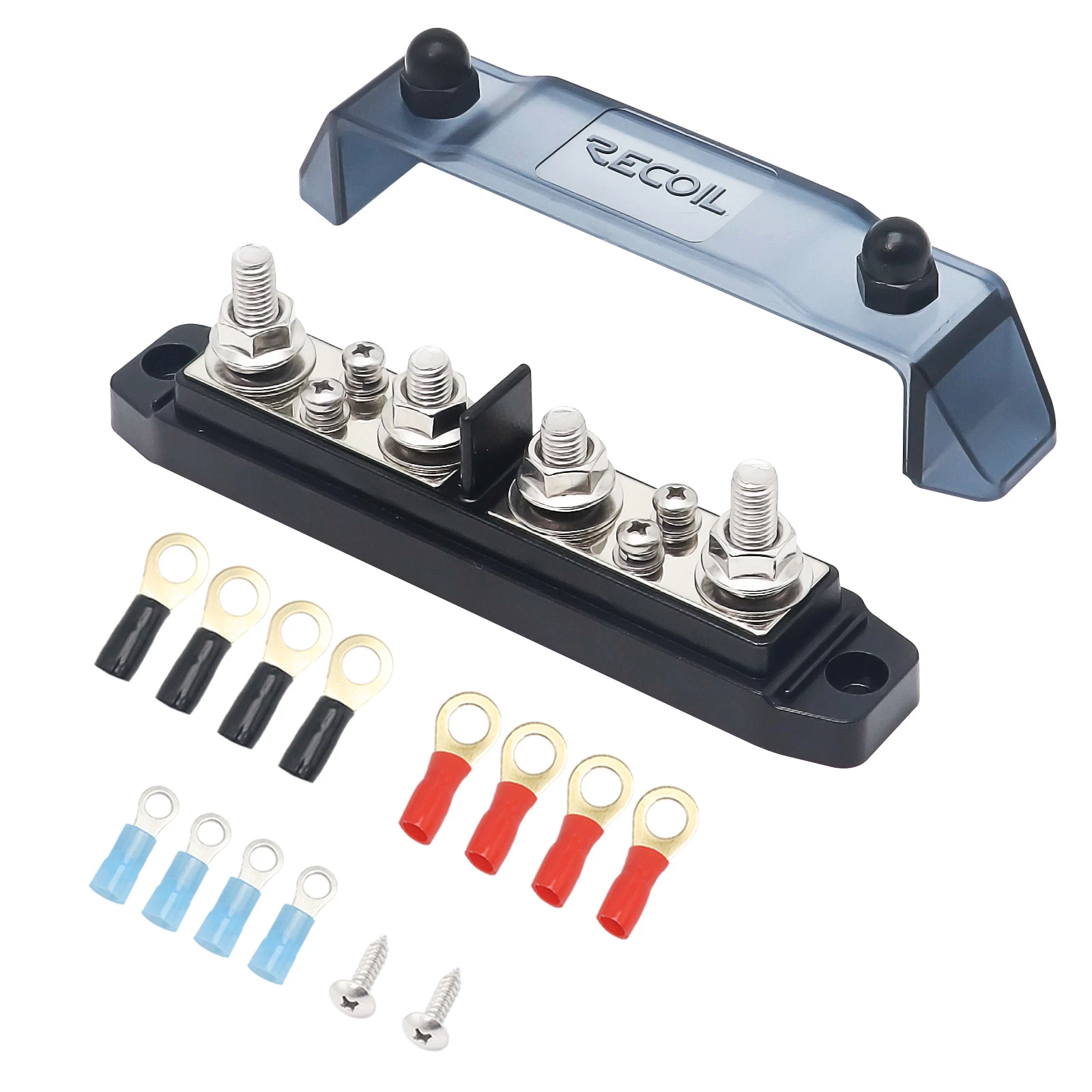 Edge Bbpg4 Busbar Positive and Negative 4 X 5/16&rdquor; Studs and 4 X #8 Screw Terminals Power Distribution Block with Ring Terminals