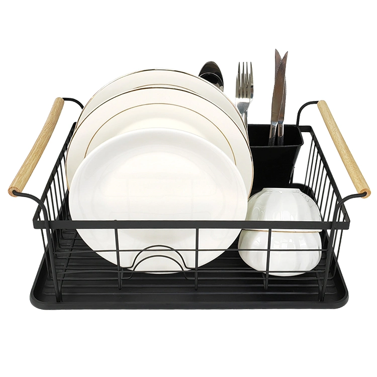 Kitchenware Metal Storage Shelf Plate Rack Dish Drainer Dish Drying Rack with Wood Handle