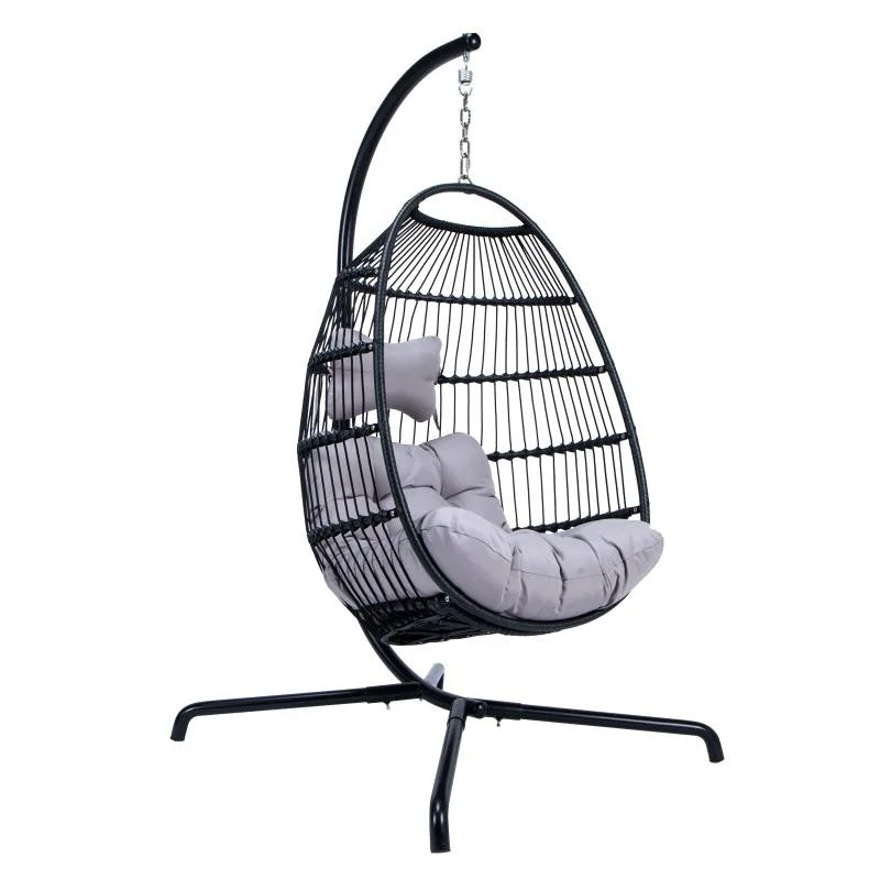 Foldable Wicker Hanging Egg Chair Rope Swing Chair Rattan Outdoor Patio Swing with Metal Standpopular