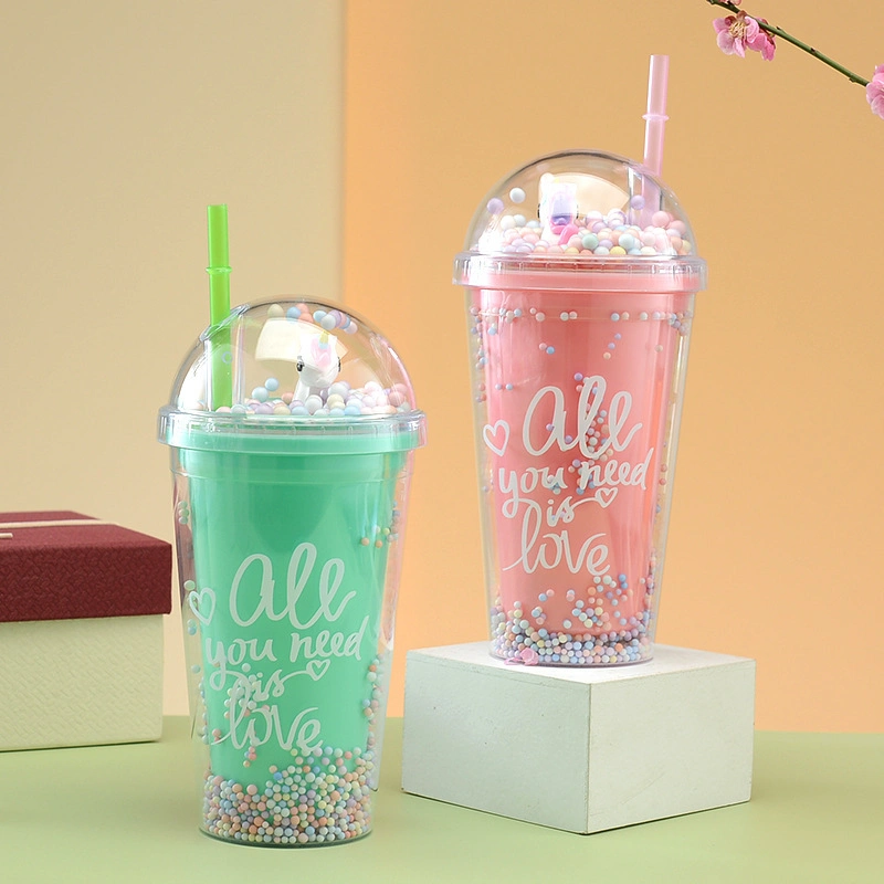 Wholesale/Supplier Double Wall Plastic Tumblers with Lids and Straws Reusable Unicorn Plastic Water Bottle Coffee Cup LED Light Cup