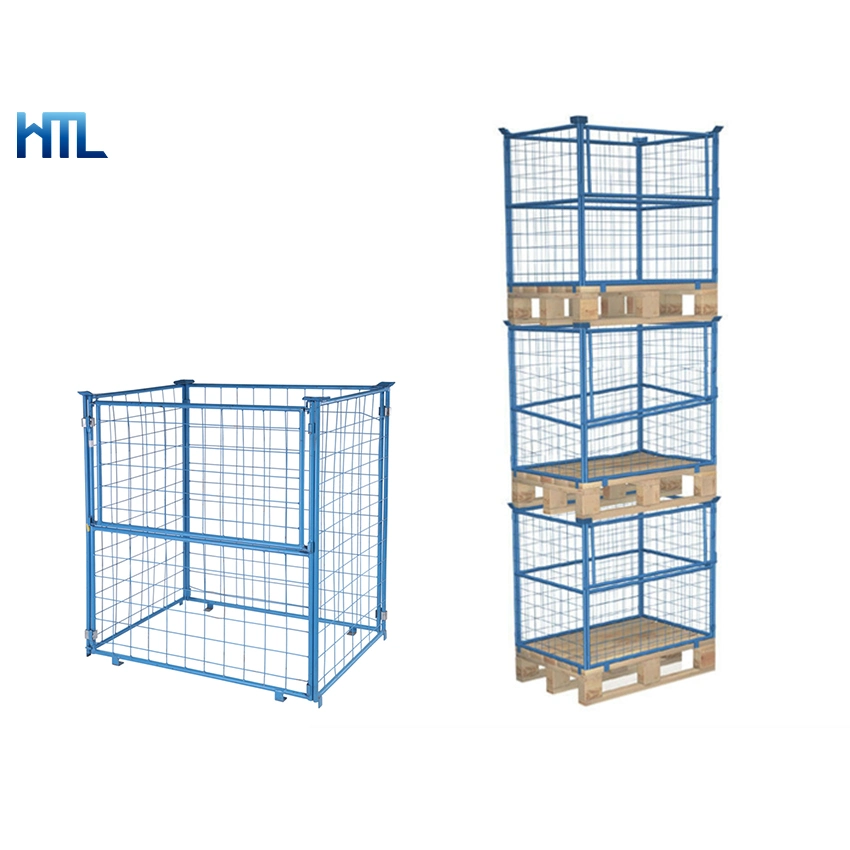 Armazenamento galvanizado empilhamento caixa de paletes de arame metálico com palete de madeira