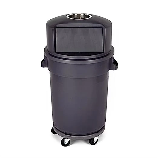 Janitorial 32 Gallon Gray Round Commercial Trash Can with Lid and Dolly