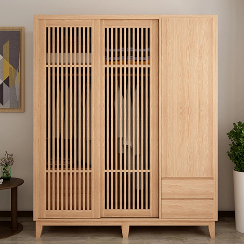 Nordic Japanese Style Solid Wood Wardrobe Simple Bedroom Furniture White Oak Sliding Door Wardrobe Storage Cabinet Custom 0038