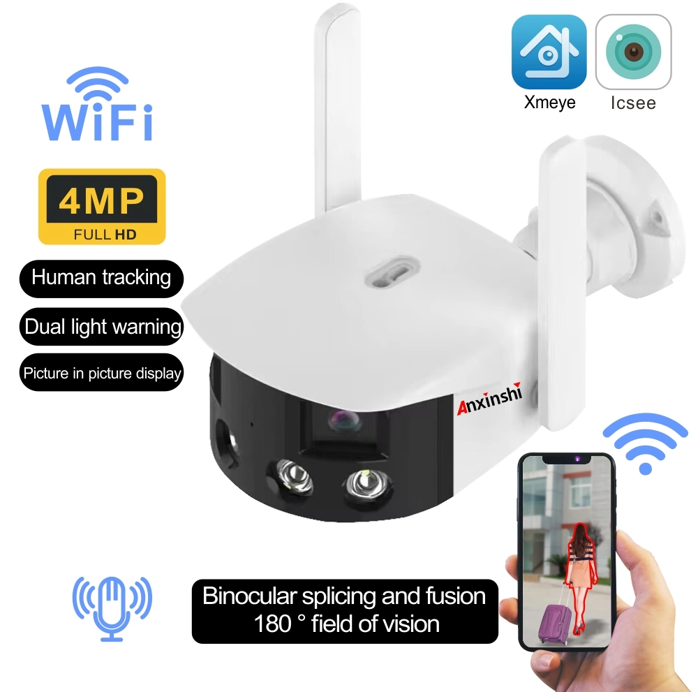 Dual Light Warning Full-Color Infrared Night Vision Human Detection 128g TF Card IP66 Icsee/Xmeye 4MP+4MP WiFi Dual Lens 180 Degree Fisheye Panoramic IP Camera