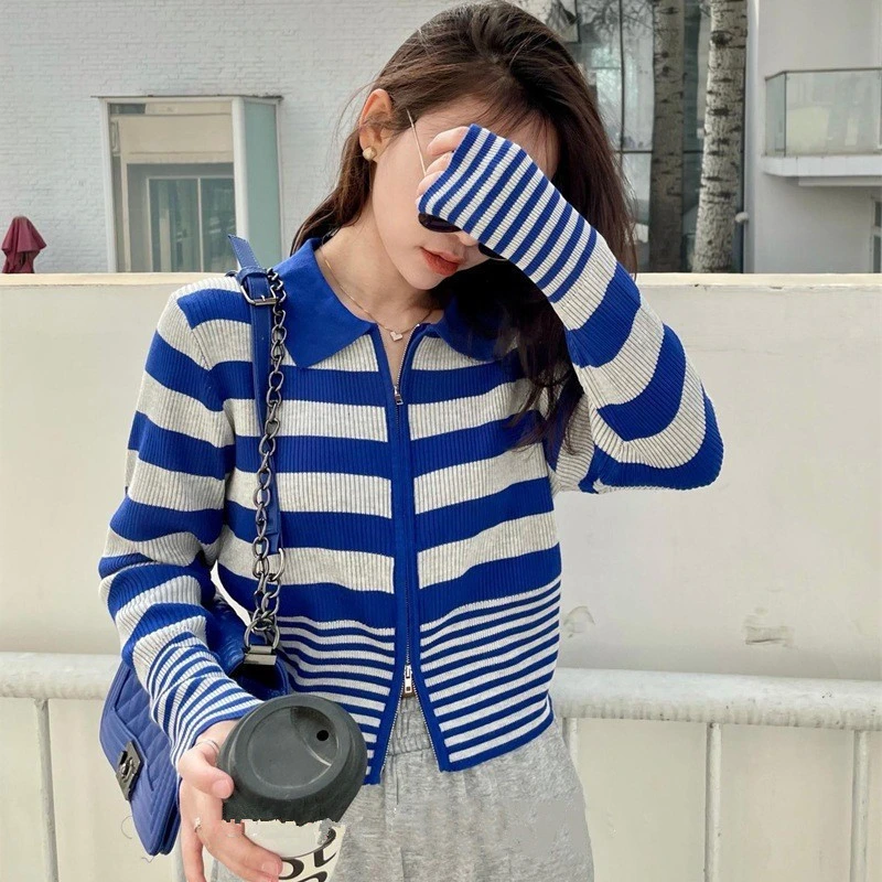 Wide Stripe Damen Pullover 2023 Herbst Neue Kombination Farbe kurz Pullover Damen-Taille-Kollektion zeigen dünne Mode Mantel Frauen