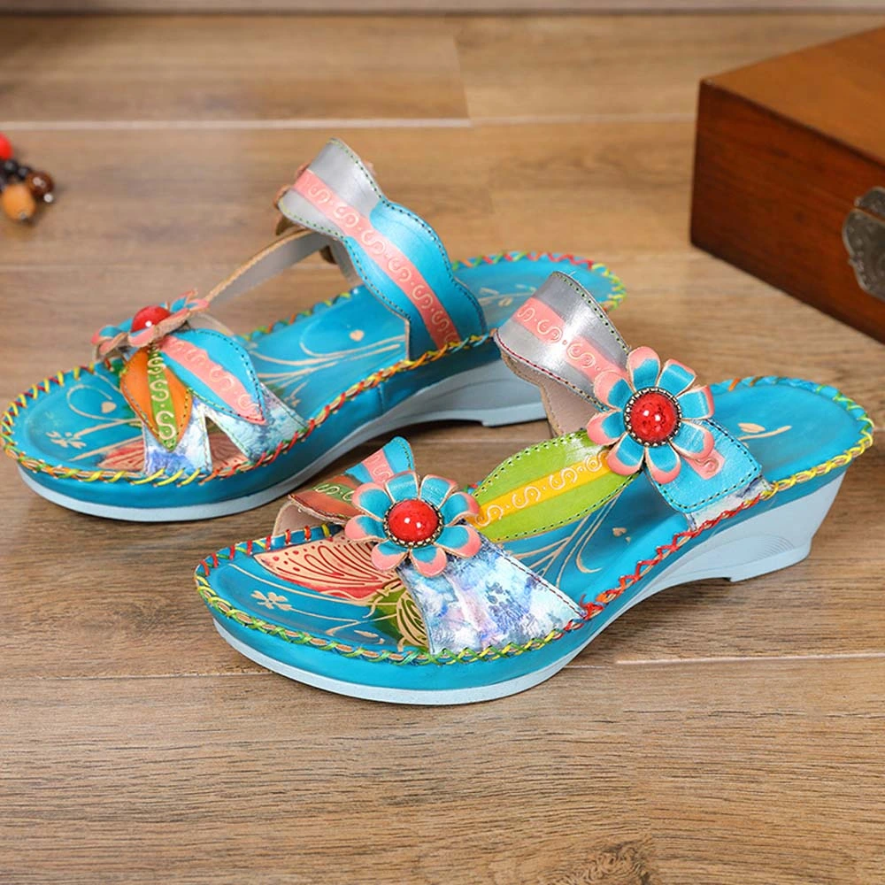 Lady Bohemian Leather Flower Maximalist Gypsy Style 70s Vintage Outdoor Beach Sandals Women Holiday Slippers