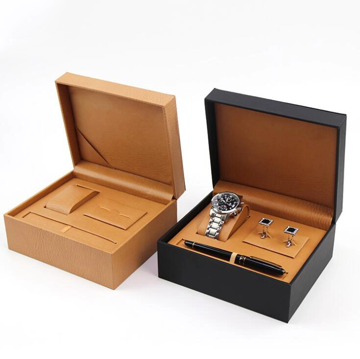 El alto grado de cuero de PU Flip Watch Cuff Links y el lápiz de la caja de almacenamiento para cenas y regalos