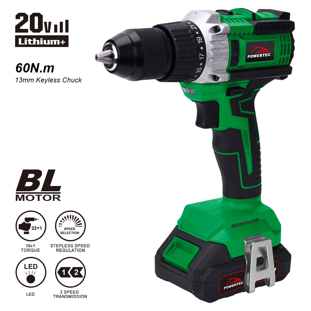 Powertec 20V Lithium Battery Professional Industrial Use Electric Power Cordless Drill 13mm