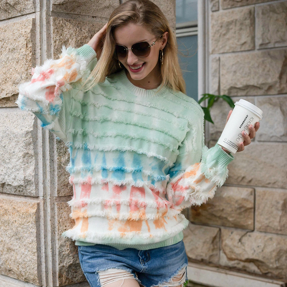 Winter Tassel Sweater Pullover Casual Tops Women Loose Tie-Dye Knitwear Blouses