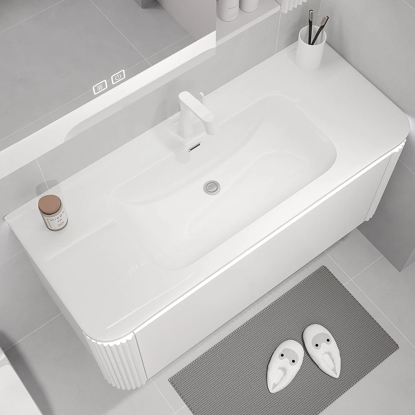 Ceramic One-Piece Basin with LED Light Bathroom Cabinet