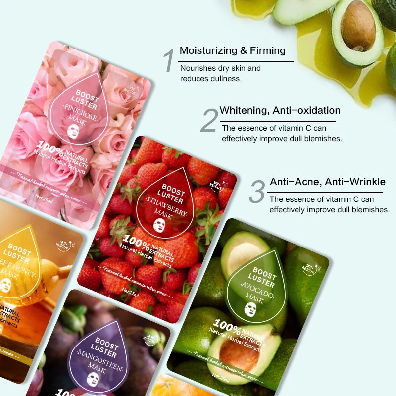 Máscaras de fruta personalizadas 6 sabores Cuidados de la piel Vitamina C blanqueamiento Cara de Belleza Máscara facial de hoja de colágeno