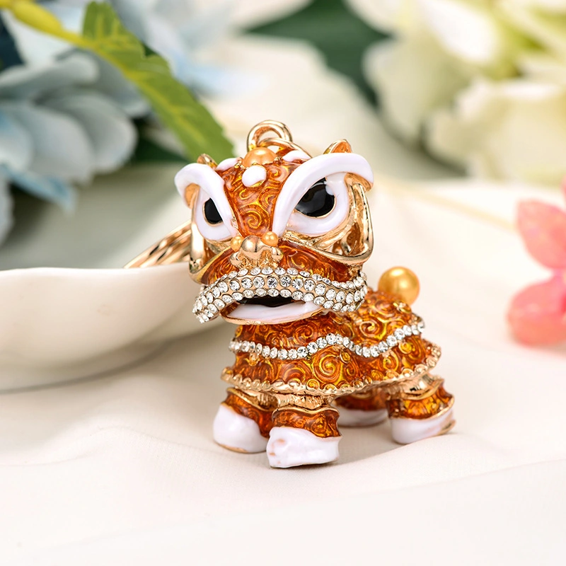 Chinese Style Rhinestone Lion Dance Metal Car Accessories Creative Keychain