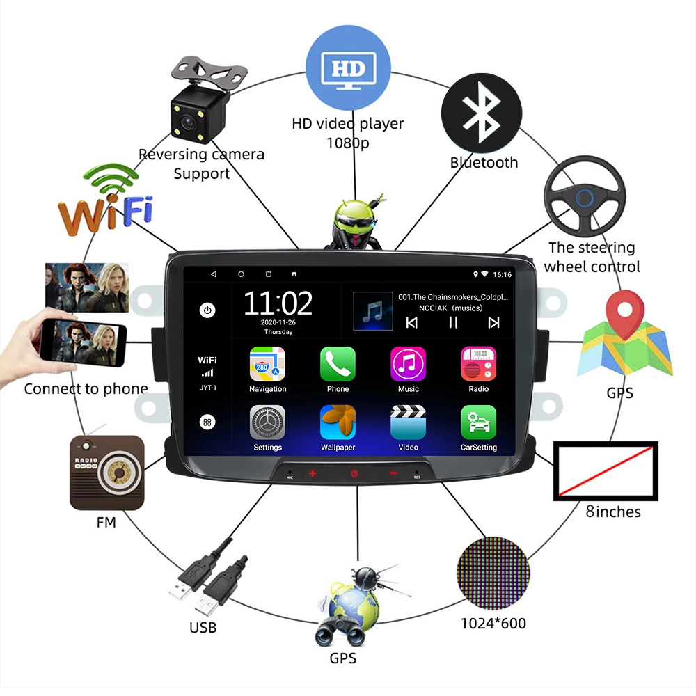 Ecrã de toque Android Car Video Leitor de DVD Navegação no automóvel música Sistema multimédia Android estéreo para Dacia Sandero 2010-2015
