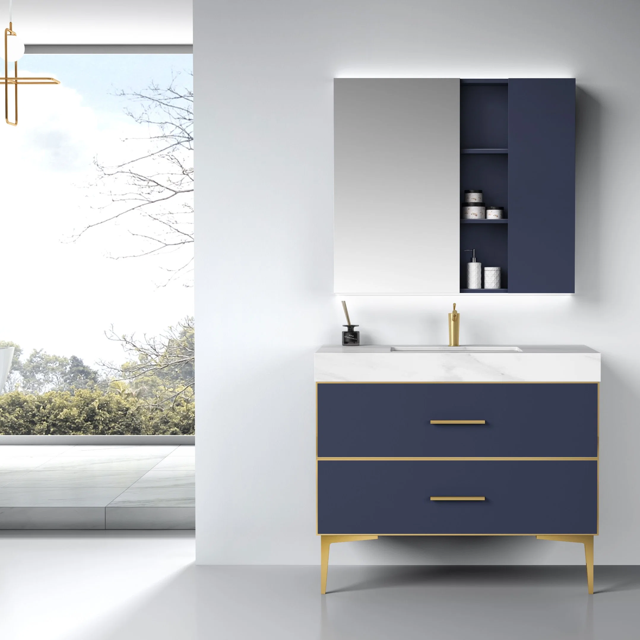 Modern Blue Color Wall Mounted Wash Basin Bathroom Cabinet