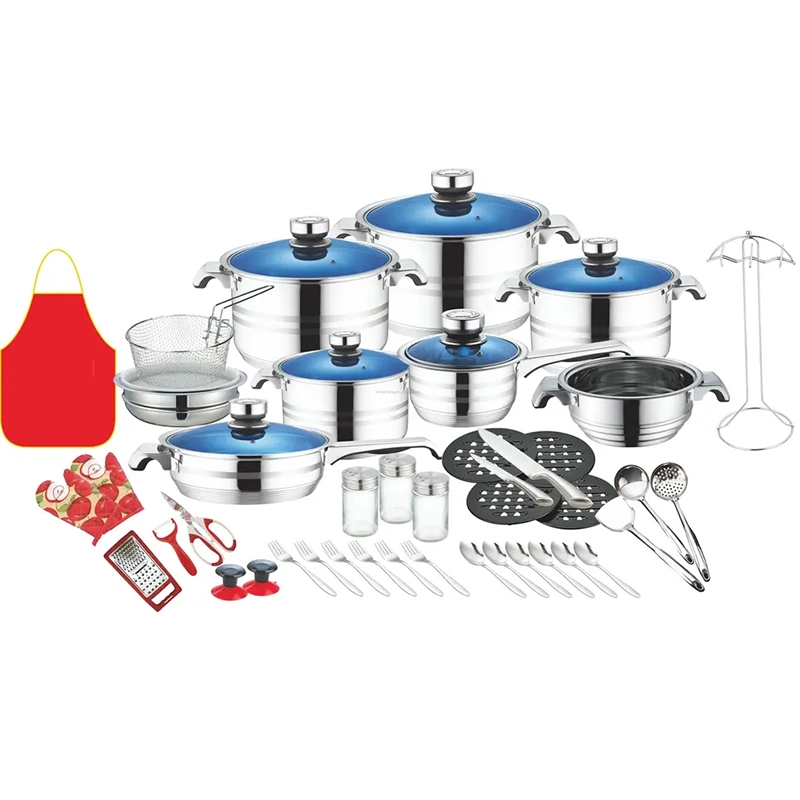 50PCS Stainless Steel Induction Cookware Sets for Home Use Factory Wholesale/Supplier Cheap Kitchenware Blue Glass Lid Cooking Pot Fry Pan