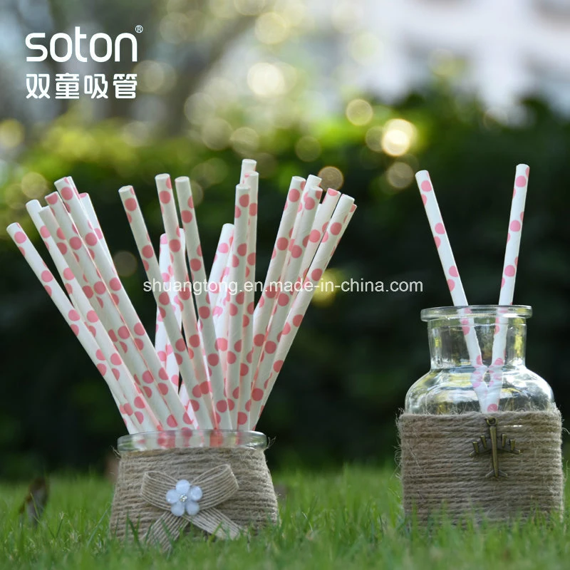 Party Decoration Disposable Pink DOT Straight Paper Drinking Straw